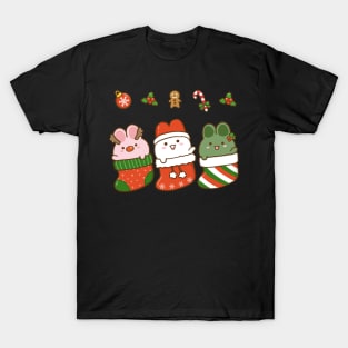 Bunnies Christmas Stockings Green 2 T-Shirt